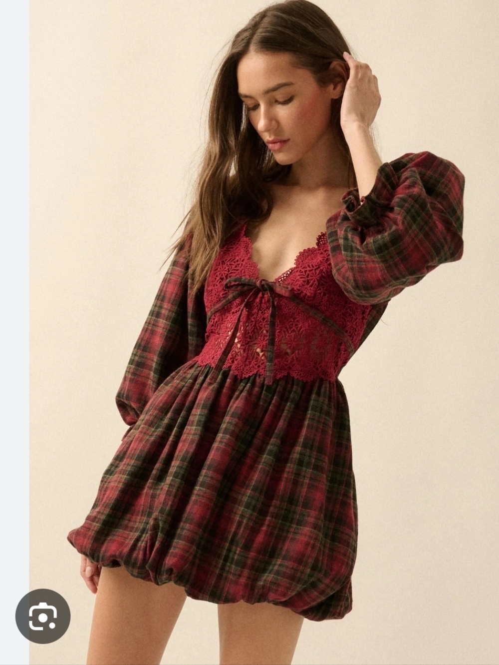 Promesa Country Cottage Plaid and Lace Bubble Mini Dress